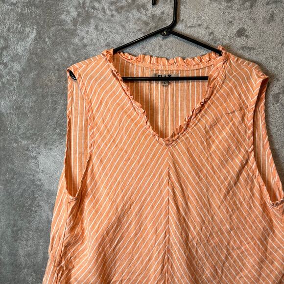 Flax 100% Linen Orange White Striped Sleeveless Ruffle Dress Large Lagenlook - Picture 2 of 7